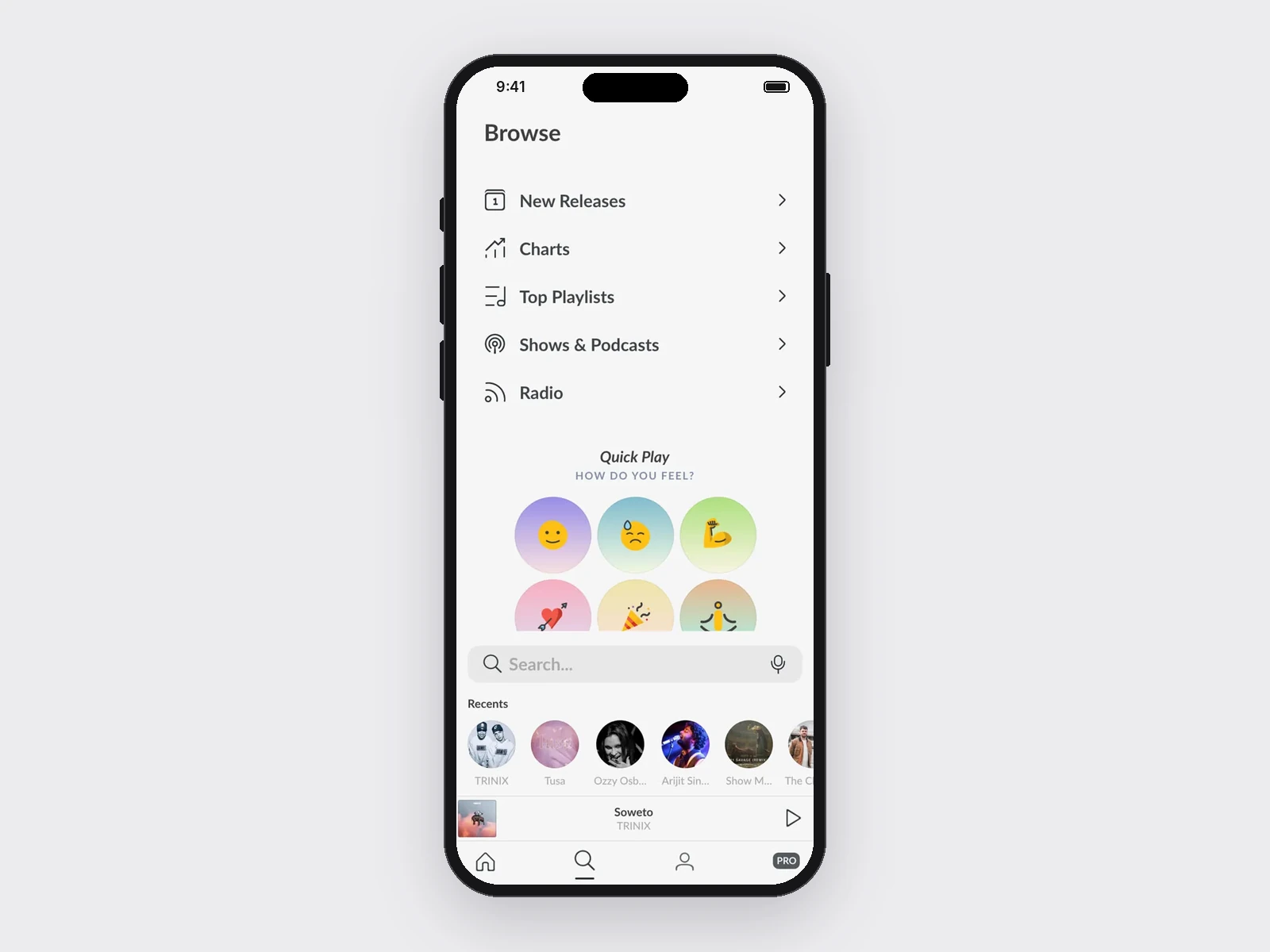 JioSaavn browse, with search docked above recents