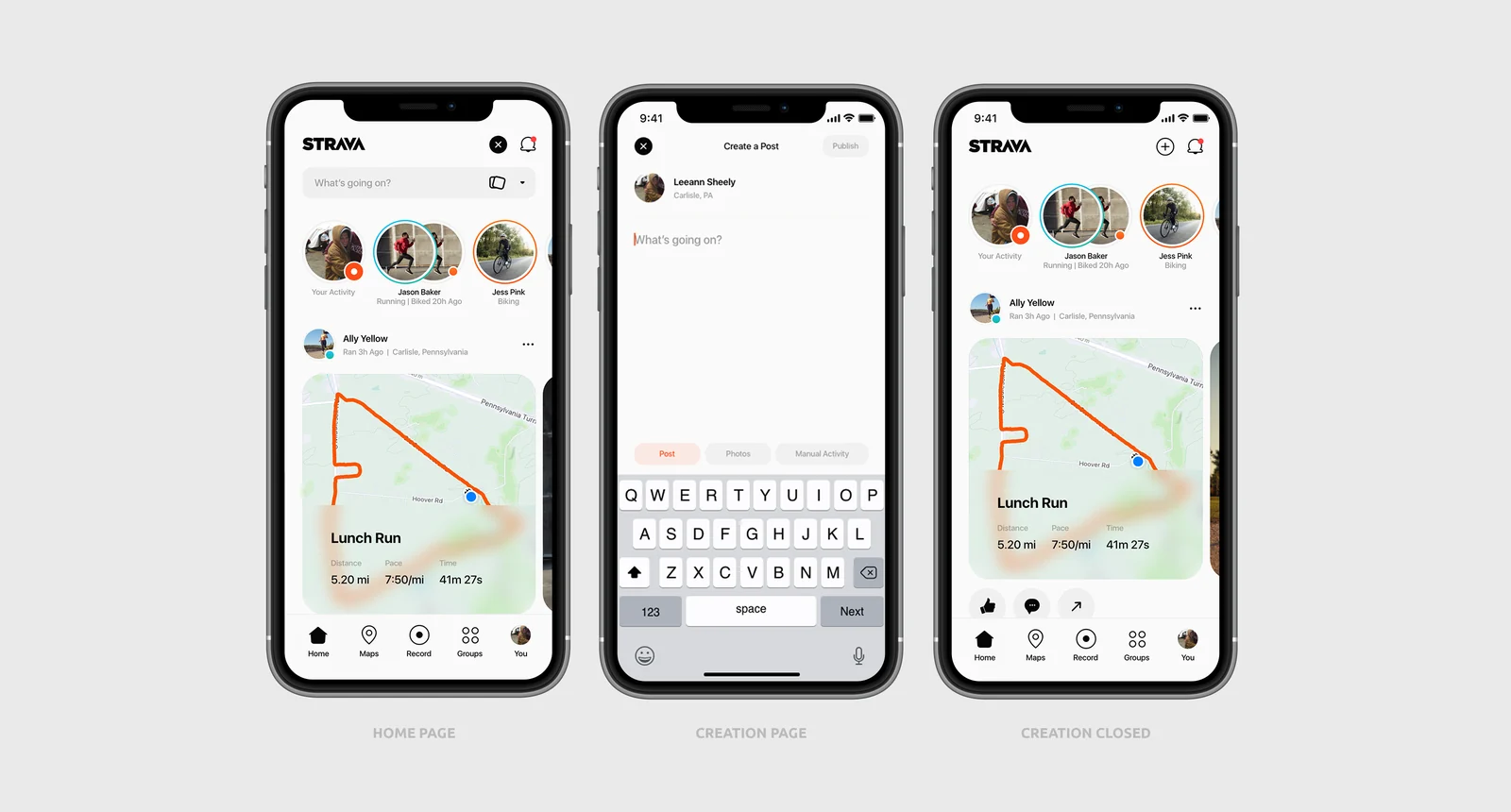 Strava home, creating a post, post created